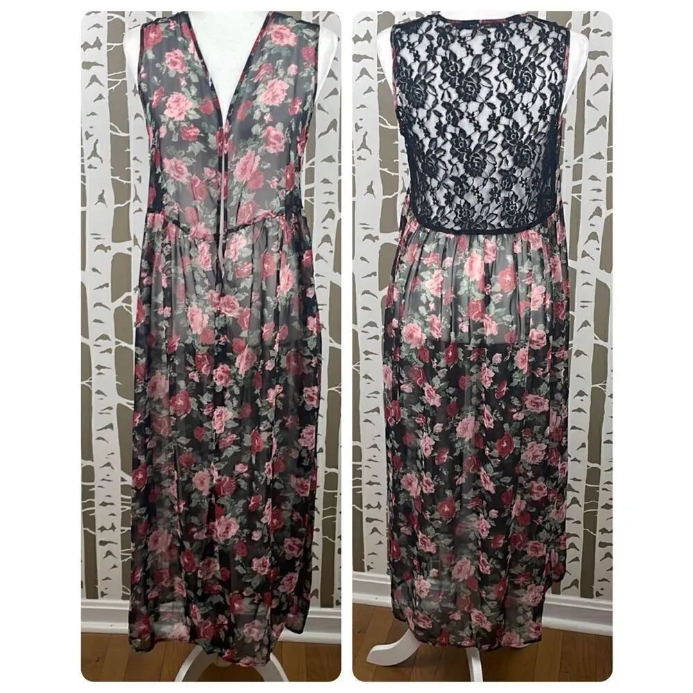 Foreign Exchange Long Sheer Rose Print Lace Back Open Front Maxi Vest Duster sz